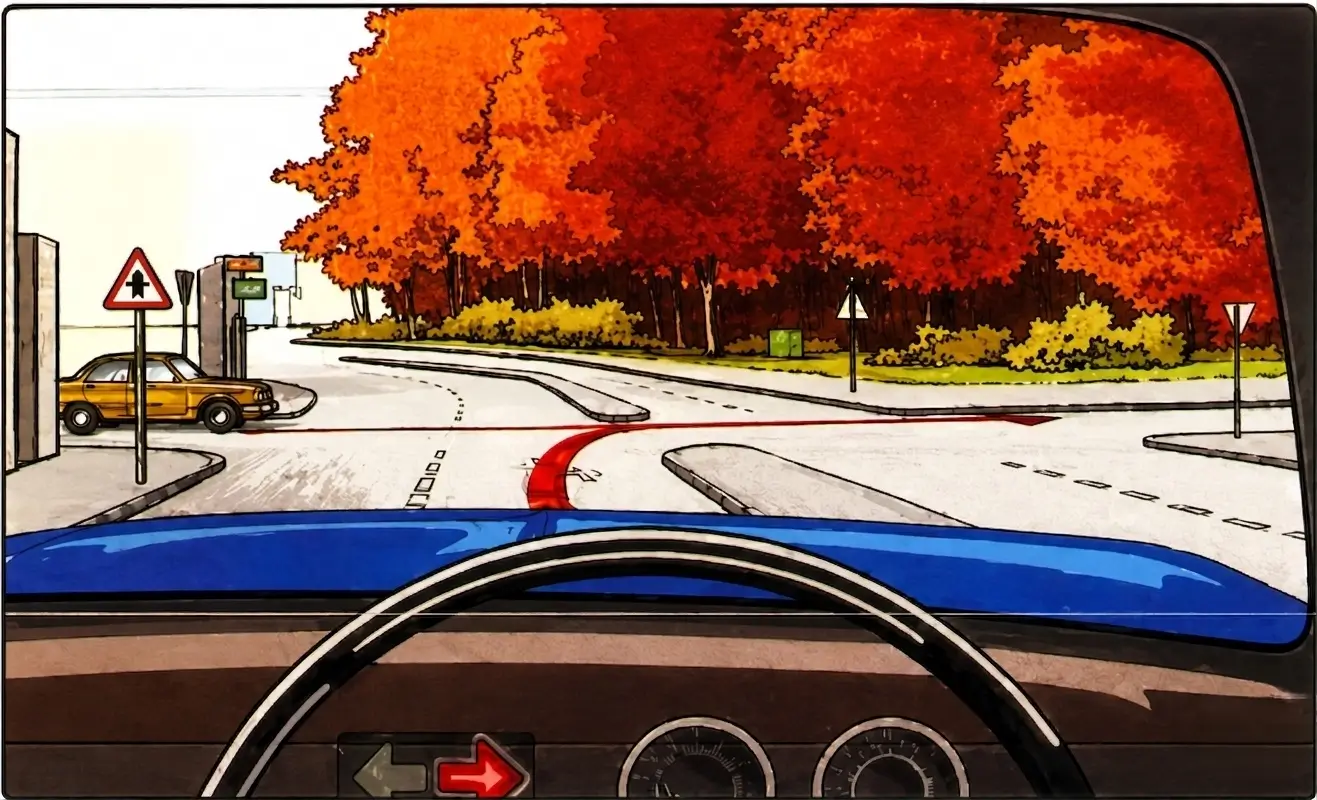 Driver's view at a junction with a warning sign and a yellow car on the left